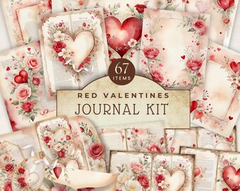 Romantic Junk Journal Bundle, Digital Download, Valentine&#39;s Paper Crafting Kit, Scrapbook Supply, Pocket Folio, Love Ephemera, RO005
