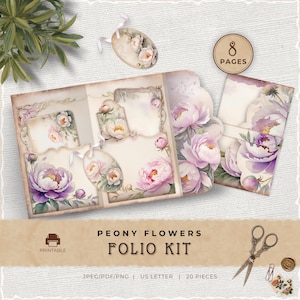 Peony Junk Journal Folio Kit, afdrukbare map met bloemen, Mix and Match-set, Craft Supply, Digitale download, Tijdelijk plakboek