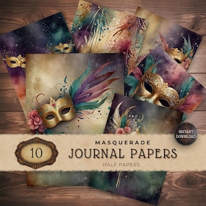 Masquerade Mask Digital Paper Set, Instant Download Junk Journal Pages, Printable Scrapbook Background, Craft Supplies
