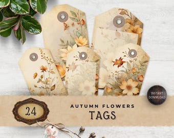 Autumn Flower Junk Journal Tags, Vintage Fall Floral Printable for Scrapbooking and Paper Crafting, JJ012