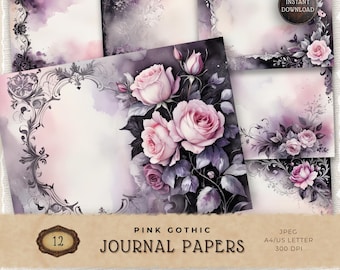 Pink Black Gothic Junk Journal Pages, Digital Download Papers, Pastel Goth Scrapbook Paper, Printable Paper Supplies, Cardmaking, JJ006