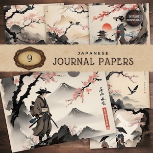 Asian Background Scrapbook Papers, Geisha and Samurai Graphics, Junk Journaling Pages, Instant Download, Crafting Paper