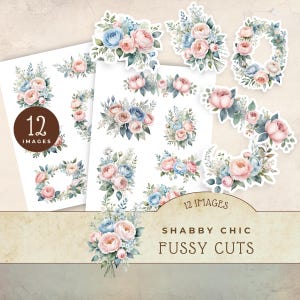 Cottage Core Shabby Chic Fussy Cuts, Paper Crafting Essentials, Pink and Blue Flower Ephemera, Scrapbook, Journal Supplies
