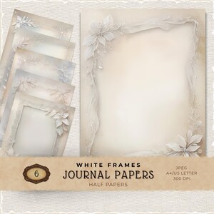 Pacote de Papel Digital com Moldura Branca Romântica, Fundos Vintage Imprimíveis para Diários de Arte e Criação de Cartões