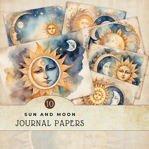 Papeles digitales vintage de sol y luna, set de papel para scrapbooking, material de manualidades de descarga instantánea, papeles decorativos celestiales, páginas de diario basura