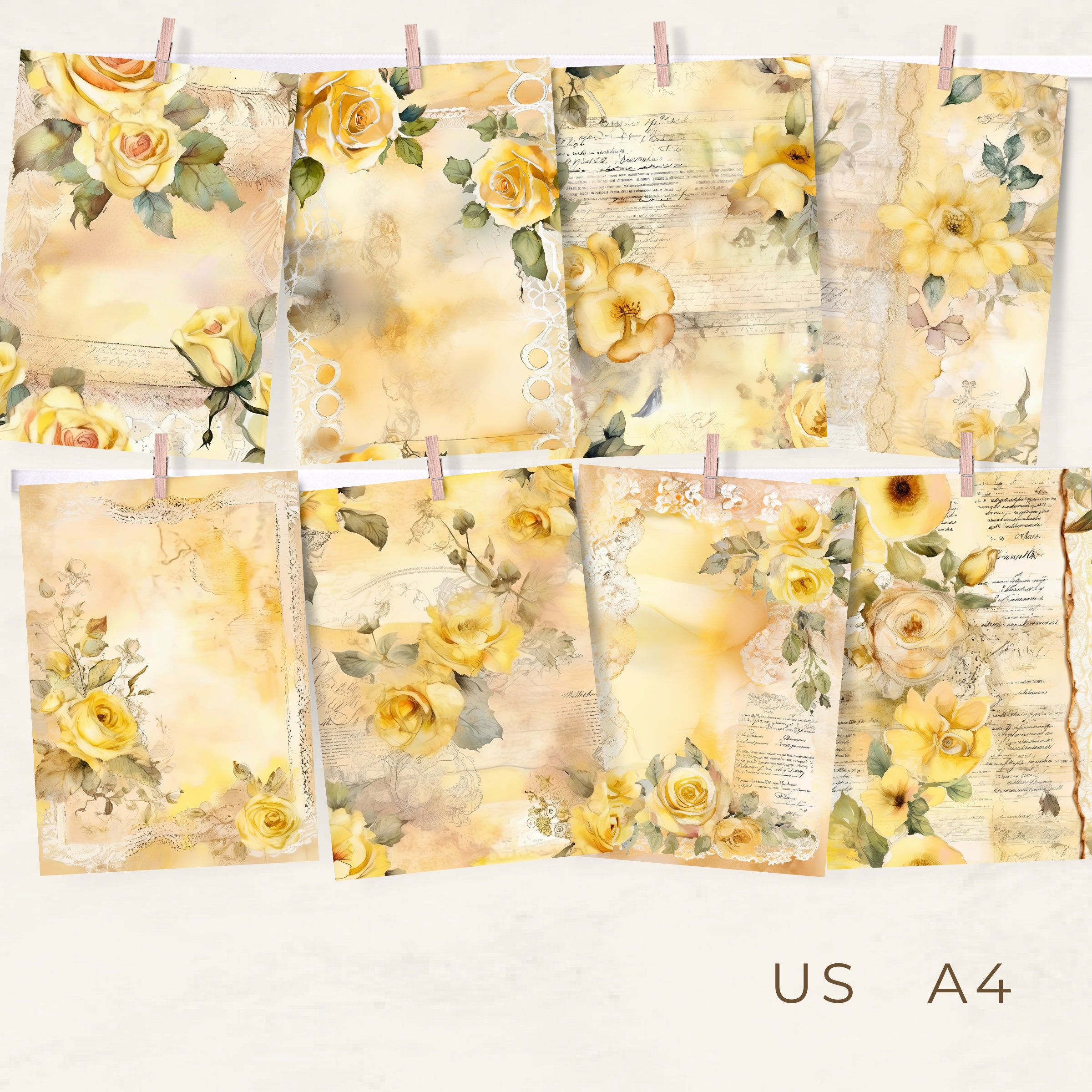 Yellow Shabby Chic Printable Junk Journal Elements, Digital Download ...