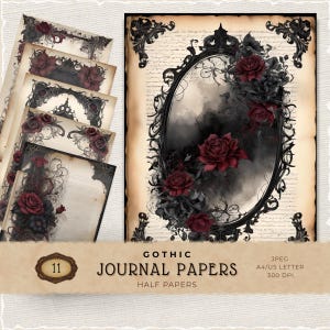 Paquet de papier numérique gothique rouge noir, arrière-plans imprimables floraux foncés vintage pour la journalisation indésirable et le scrapbooking