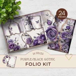 Kit folio de fleurs gothiques violet et noir, journal imprimable indésirable, fournitures pour travaux manuels en papier, téléchargement immédiat, fournitures pour travaux manuels, JJ006