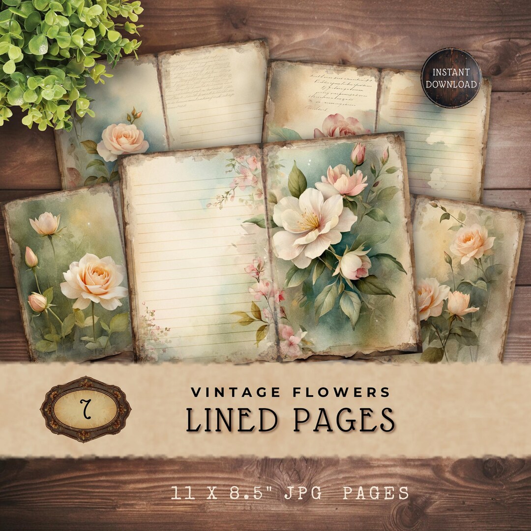 Romantic Era Lined Junk Journal Pages, Vintage Floral Printable Digital ...