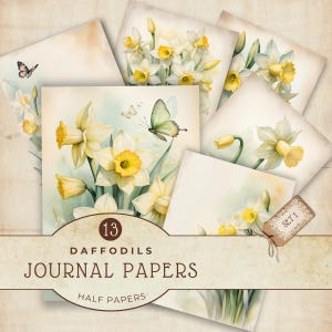 Digitale papierset narcisbloem, lentebloemen, junkjournaling, voorraad kaarten maken, scrapbookbenodigdheden, gele lentepapieren, JJ003