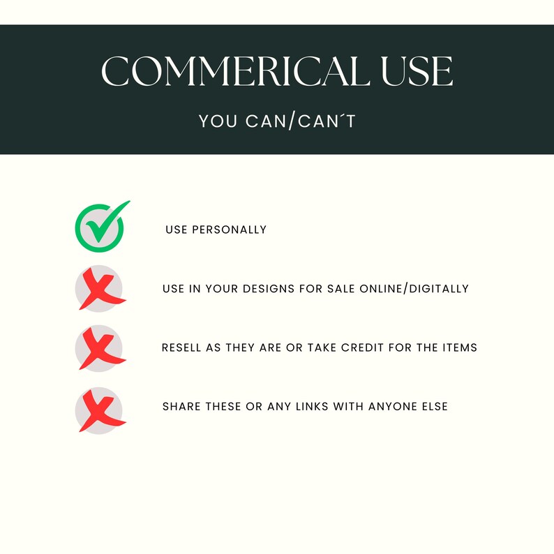 May include: A graphic detailing commercial use permissions. The text reads "COMMERICAL USE" and "YOU CAN/CAN'T". It uses a green tick and red crosses to indicate permitted and prohibited actions, such as personal use.