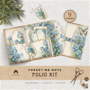 Kit de folio "No me olvides", extras de Junk Journal, bolsillo imprimible, kit de folio "Flores silvestres", material para manualidades de scrapbooking, flores azules, JJ005