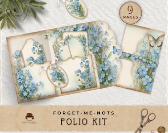 Forget Me Not Junk Journal Folio Kit, Vintage Blue Wildflower Printable Pocket for Scrapbooking, JJ005