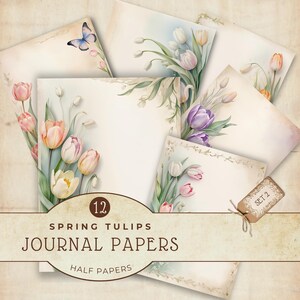 Set di carta digitale Soft Tulip, download immediato, pagine di diario spazzatura, carta per scrapbooking, forniture per la creazione di biglietti, tulipani primaverili, JJ004