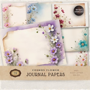 Paquete de papel digital de flores de cosmos, páginas de diario basura, fondo de álbum de recortes, descarga instantánea, papeles florales