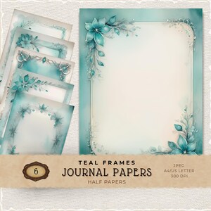 Teal Frame Digital Paper Pack, Vintage Botanical Printable Backgrounds for Scrapbooking and Art Journaling