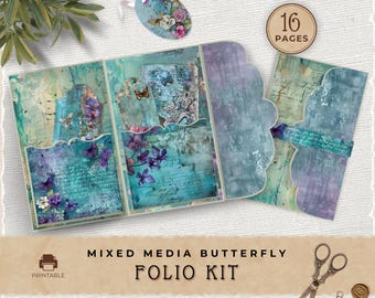Mixed Media Butterfly Junk Journal Folio Kit, Vintage Botanical Printable Pocket Download, JJ029