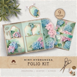 Mint Hydrangea Junk Journal Folio Kit, Vintage Floral Printable Pocket Download, JJ017