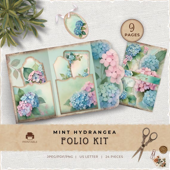 Mint Hydrangea Junk Journal Folio Kit, Vintage Floral Printable
