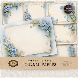 Páginas de diario basura con flores azules de nomeolvides, papeles decorativos, materiales para hacer tarjetas, fondos digitales, papel para álbumes de recortes, JJ005