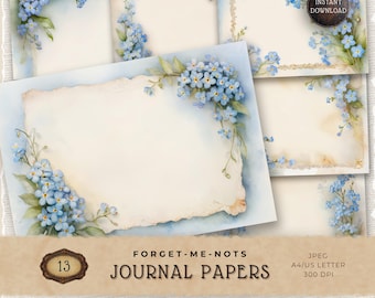 Blue Forget Me Not Digital Paper Pack, Vintage Wildflower Printable Backgrounds for Scrapbooking and Junk Journaling, JJ005