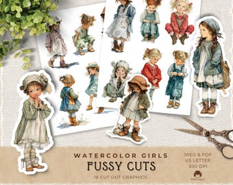 Watercolor Girls Fussy Cuts, Vintage Children Printable Ephemera for Junk Journaling and Scrapbooking