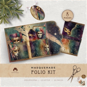 Kit para Diário de Recortes de Máscaras, Máscara de Carnaval Veneziano, Pasta de Bolso para Download Digital, Materiais de Artesanato, Artesanato em Papel, Pasta Imprimível