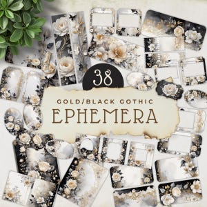 Goud en zwart gotische bloem ephemera, junk journaling Supply, plakboekdecoraties, afdrukbaar papier Crafting Essentials, JJ006