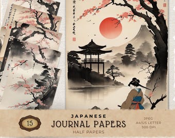 Japanese Geisha Samurai Digital Paper Pack, Vintage Asian Printable Backgrounds for Cardmaking and Art Journaling