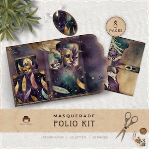 Kit de Diário de Recortes para Baile de Máscaras Roxo e Dourado, Pasta com Bolso para Máscara de Carnaval, Materiais de Artesanato para Download Instantâneo, Pasta Imprimível