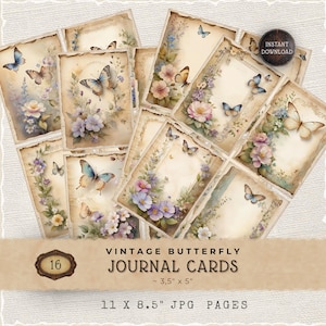 Könnte beinhalten: Eine Sammlung von Journalkarten im Vintage-Stil mit Aquarellillustrationen von Schmetterlingen und Blumen in Pastellfarben. Die Karten sind ca. 8,9 x 12,7 cm groß und als Sofort-Download erhältlich. Der Text auf dem Bild lautet "Vintage Butterfly Journal Cards".
