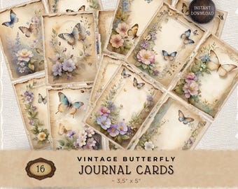 Vintage Butterfly Junk Journal Cards, Floral Nature Printable for Scrapbooking and Paper Crafting, JJ028
