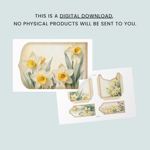May include: Digital download with watercolour illustrations of daffodils. The image shows a large rectangular design with daffodils and several smaller cut-out designs. Text at the top reads: THIS IS A DIGITAL DOWNLOAD, NO PHYSICAL PRODUCTS WILL BE SENT TO YOU.