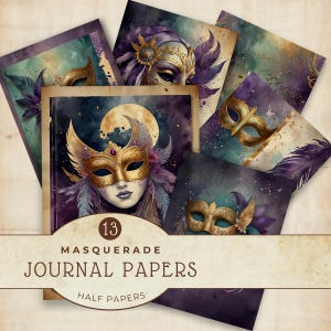 Páginas imprimibles de diario basura de máscaras de mascarada, paquete de papel digital decorativo, materiales de manualidades de descarga instantánea, color morado y dorado