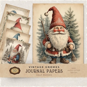 Vintage Gnomes Digital Papers Set, Instant Download Scrapbook Supply, Junk Journal Papers, Scandinavian Tomte, Christmas Craft