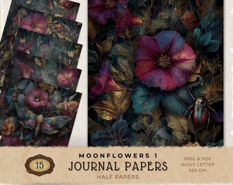 Dark Moonflower Digital Papers, Vintage Gothic Botanical Printable, Dark Floral Scrapbook Paper Download, JJ041