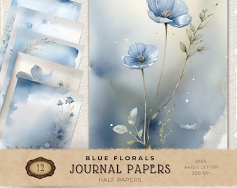 Blue Decorative Papers for Junk Journal, Vintage Floral Digital Paper Pack, Cottagecore Scrapbook Pages, Instant Download