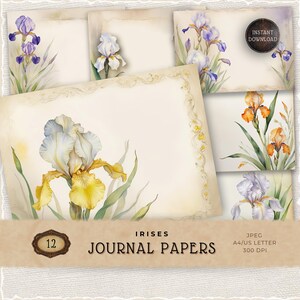 Pacchetto di carte digitali con fiori di iris, sfondi floreali vintage viola stampabili per scrapbooking e creazione di biglietti.