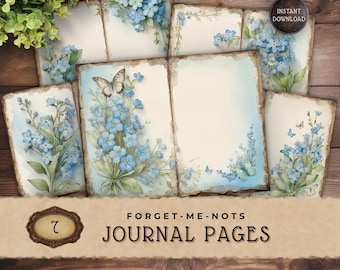 Peut inclure: Ensemble de sept pages de journal au style vintage. Chaque page présente des illustrations à l'aquarelle de myosotis bleus et de papillons. Les pages mesurent 27,9 x 21,6 cm et incluent le texte "FORGET-ME-NOTS JOURNAL PAGES".