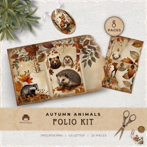 Autumn Animals Junk Journal Folio Kit, vintage herfst natuur afdrukbaar zakje voor junk journaling