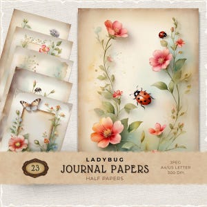 May include: A stack of ladybug-themed journal papers with floral and butterfly illustrations. The papers feature a watercolor design with pink and orange flowers, green leaves, and ladybugs. The text reads "LADYBUG JOURNAL PAPERS".