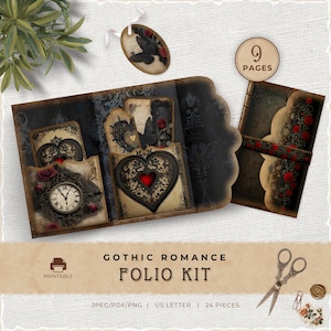 Kit de diario de recortes de romance gótico, descarga imprimible de bolsillo vintage oscuro para San Valentín