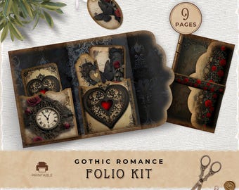 Gothic Romance Junk Journal Folio Kit, Vintage Dark Valentine Printable Pocket Download