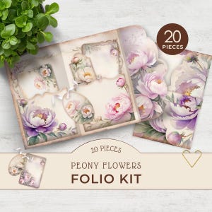 Kit peonia Junk Journal Folio, cartella stampabile floreale, set mix and match, materiale per bricolage, download digitale, materiale per scrapbooking