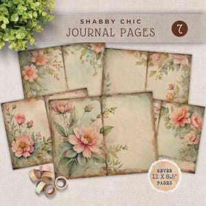 Zart Grün Shabby Chic Papiere, Junk Journal Seiten, Scrapbook Essentials, Digitale Papiere, Zart Grün und Rosa Florals