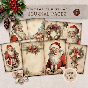 Pages de carnet de Noël vintage, papier numérique rétro père Noël, pages de scrapbooking imprimables, fournitures créatives, téléchargement immédiat