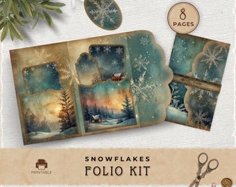 Snowflake Junk Journal Folio Kit, Vintage Winter Christmas Printable Pocket for Junk Journaling