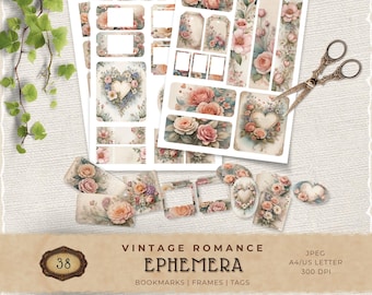 Vintage Romance Ephemera, Romantic Floral Botanical Printable for Junk Journaling and Scrapbooking, JJ033