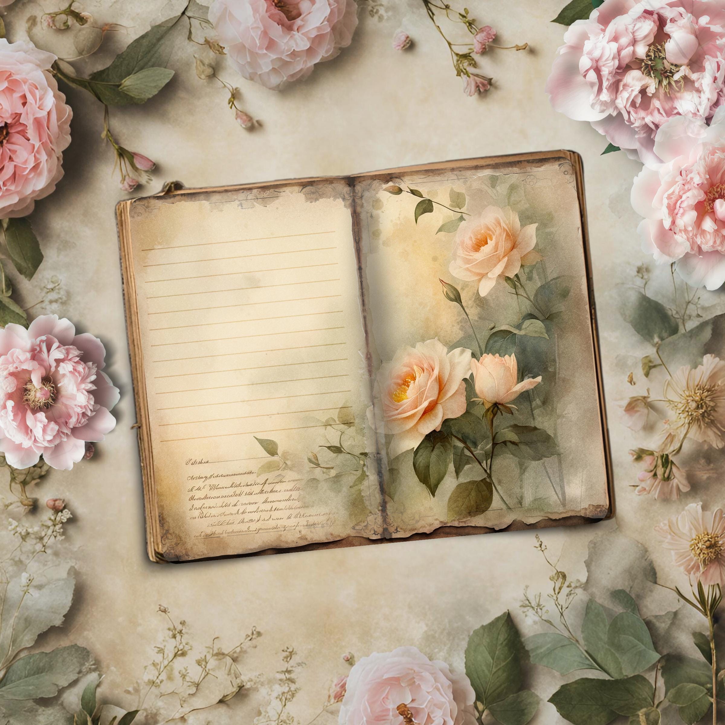 Romantic Era Lined Junk Journal Pages, Vintage Floral Printable Digital ...