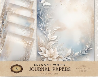White Flower Digital Papers, Junk Journal Pages, Wedding Scrapbook Supplies, Cardmaking Decor, Floral Backgrounds